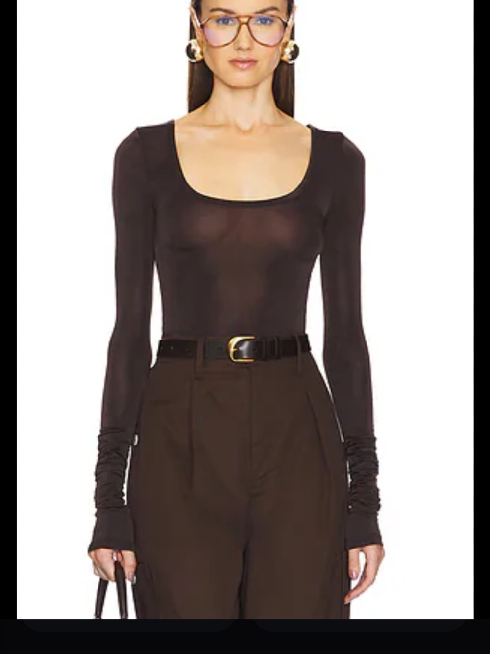 HELSA Scoop-Neck Long Sleeve Bodysuit in Chocolate Brown